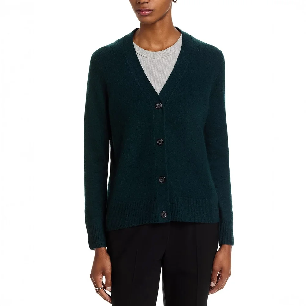 NWT C by Bloomingdale's 2-ply Cashmere V Neck Cardigan Green $178 - Size S (4-6) - Picture 4 of 7